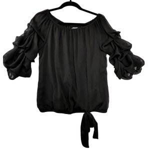 CeCe Women Black Off The Shoulder Tiered Ruffle Sleeve Blouse Size M Tie Hem